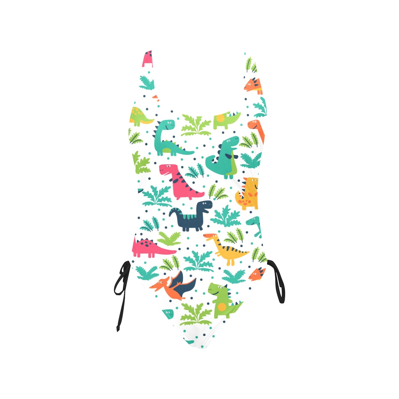 Women’s multicolor dino‑print drawstring one‑piece swimsuit.