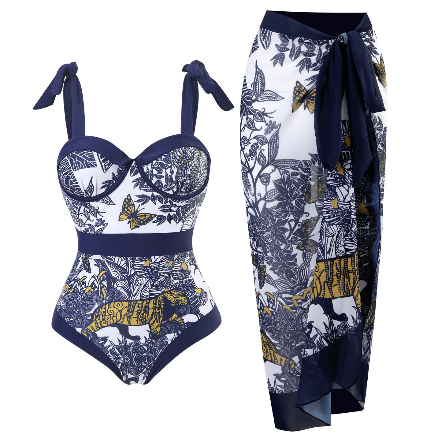 Navy and white bikini set with butterfly and tiger design on a white background