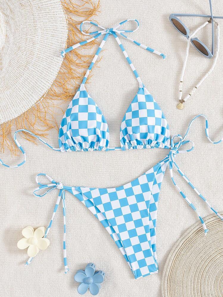 Checkered Lace-up Split Bikini swimsuit