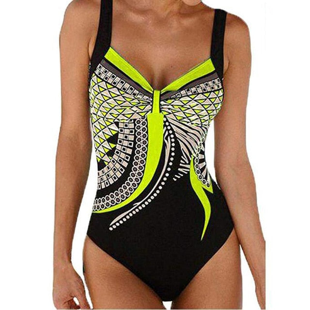 Vintage‑style push‑up printed swimsuit for women made of polyester and spandex, displayed on a plain background.