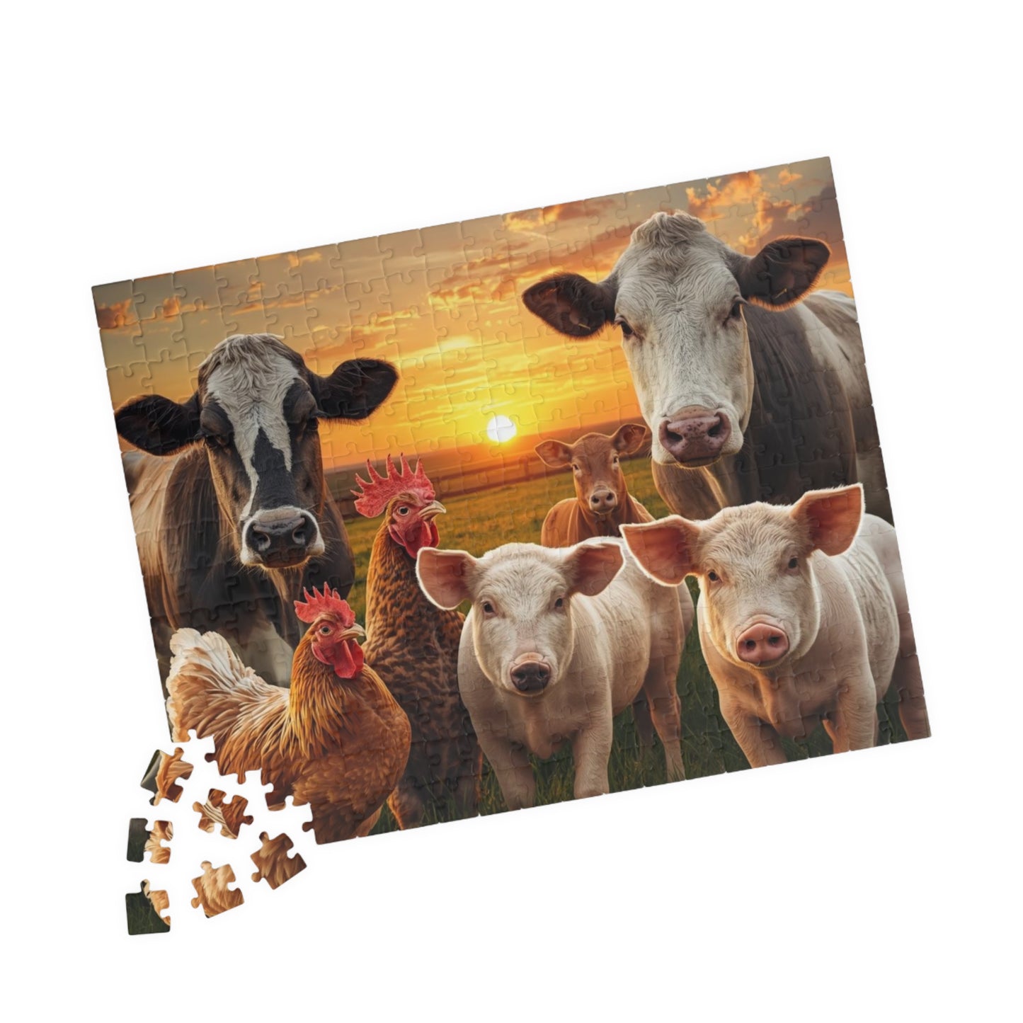 Jigsaw puzzle with farm animals including cows, pigs, and chickens against a sunset background