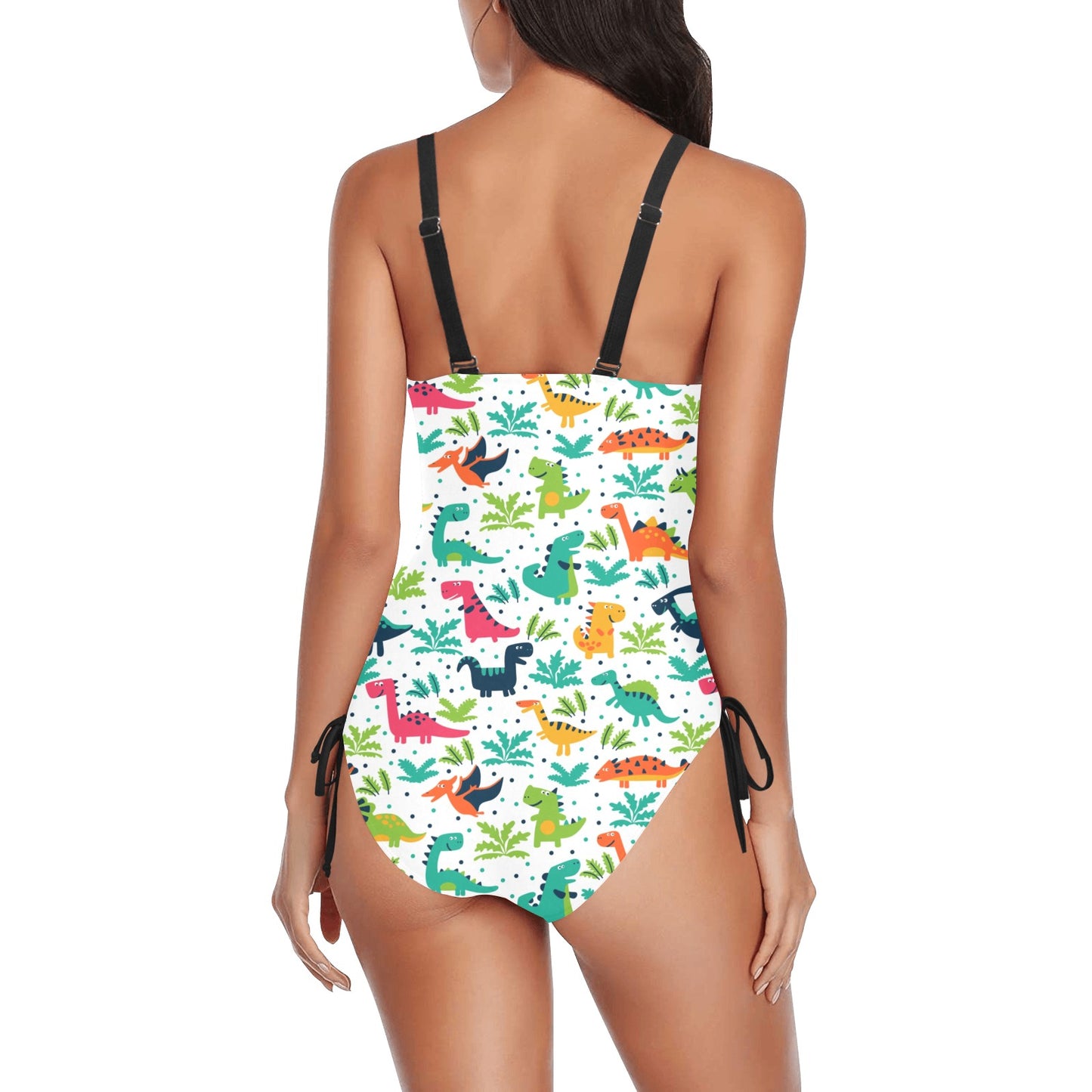 A women’s one‑piece swimsuit featuring a colorful all‑over dinosaur print, spaghetti straps, and a drawstring detail for an adjustable, flattering fit.
