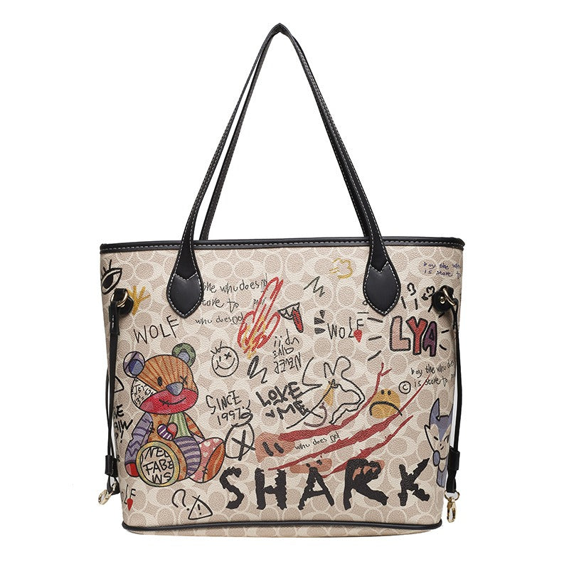 Women's Cartoon Bear Soft Leather Graffiti Tote Bag Large Shoulder Handbag