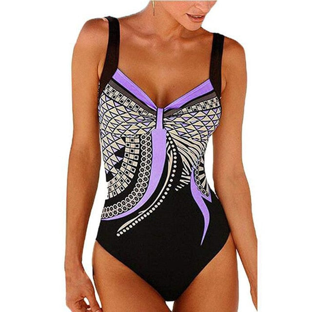 Vintage‑style push‑up printed swimsuit for women made of polyester and spandex, displayed on a plain background.