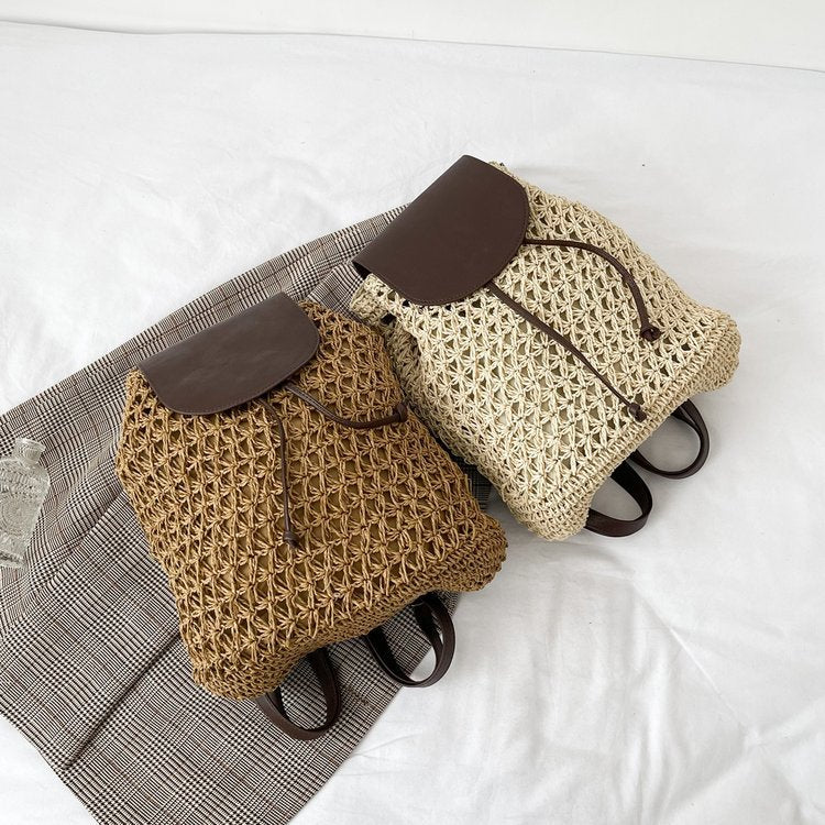 Brown woven backpack in a kitchen setting sold at PeachyBeanz