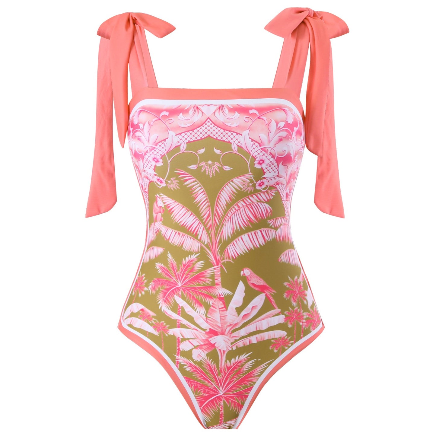 Coral bikini with floral pattern on a white background