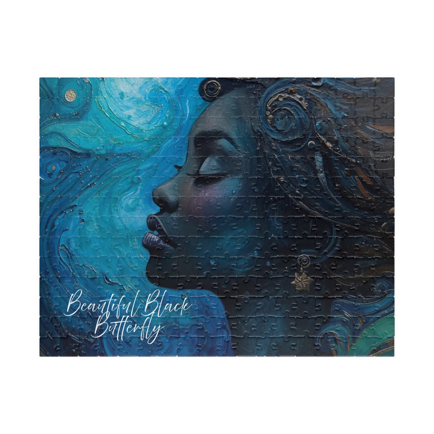 Jigsaw puzzle with a decorative design of a woman's profile and swirling blue patterns, featuring the text 'Beautiful Black Butterfly'.