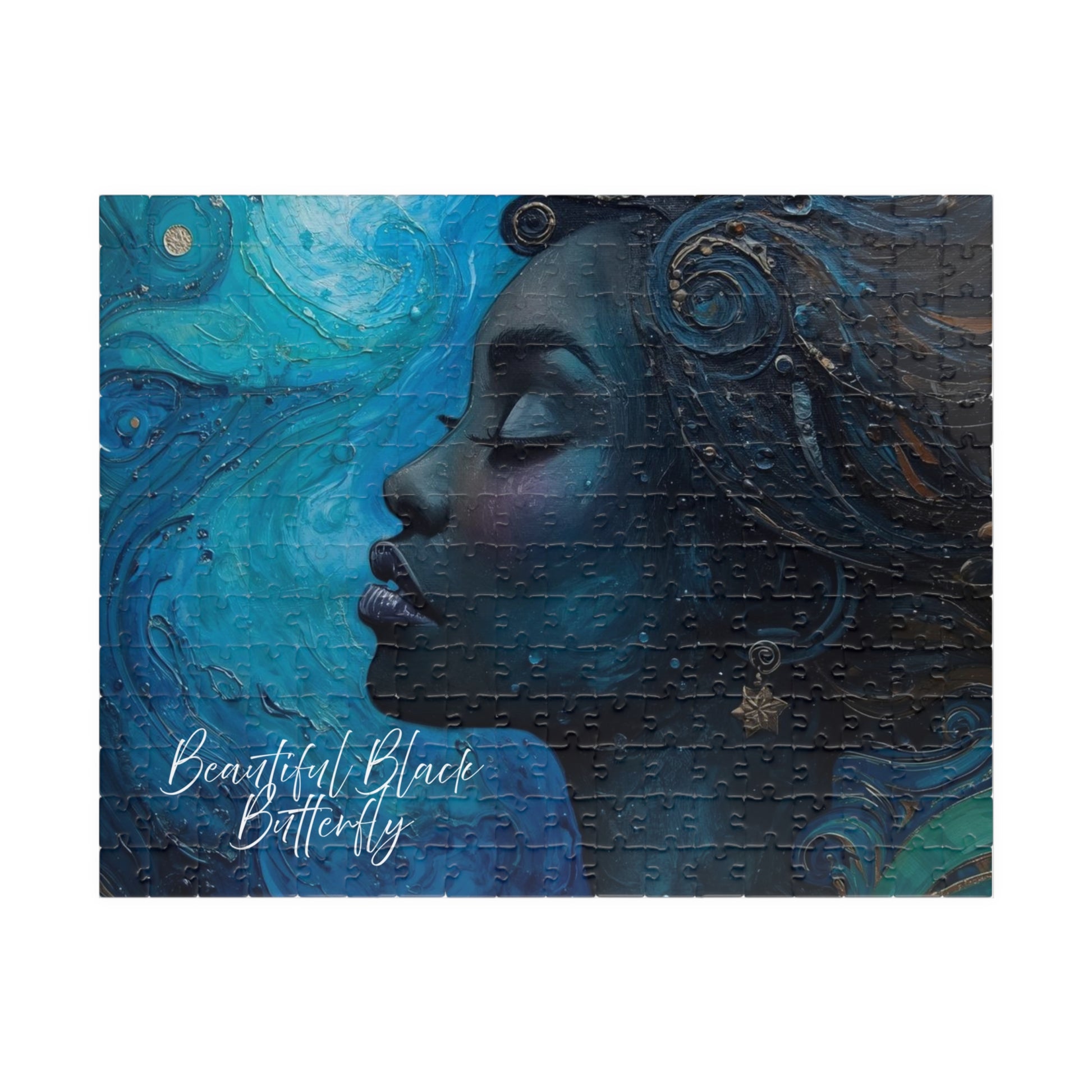 Jigsaw puzzle with a decorative design of a woman's profile and swirling blue patterns, featuring the text 'Beautiful Black Butterfly'.