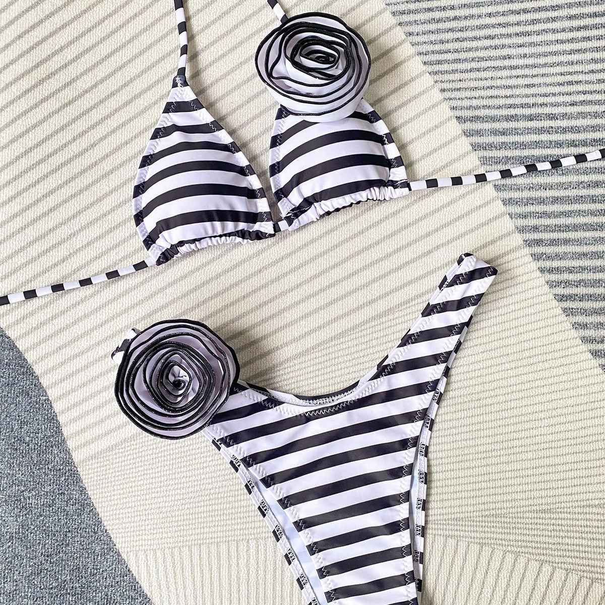 Striped Three-Dimensional Flower 2-Piece Bikini