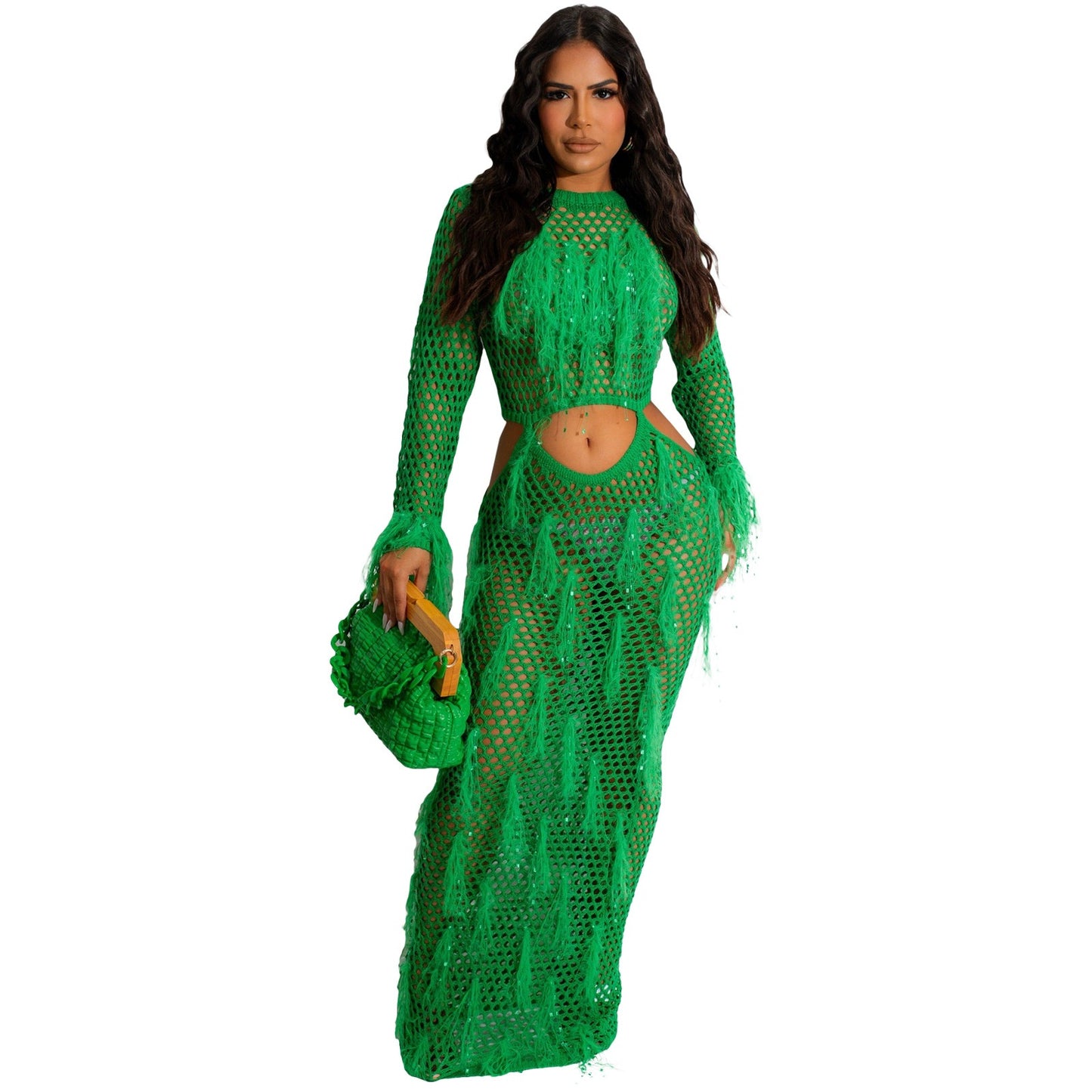 Woman wearing a green mesh outfit on a white background sold at PeachyBeanz