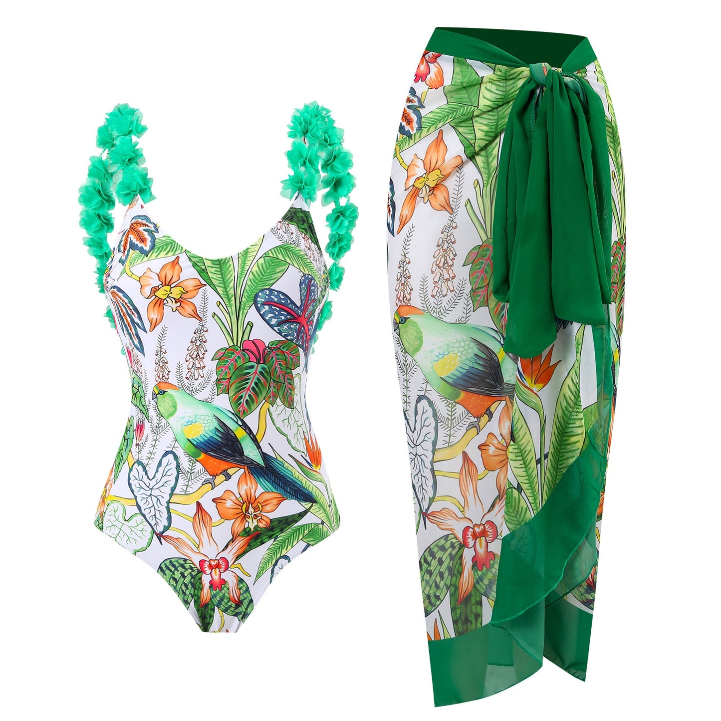 Colorful bikini set with tropical design on a white background