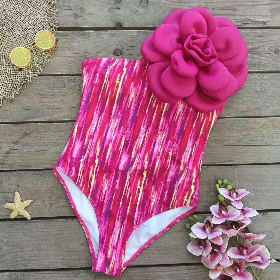 3 D print multicolored rose one-piece bikini 