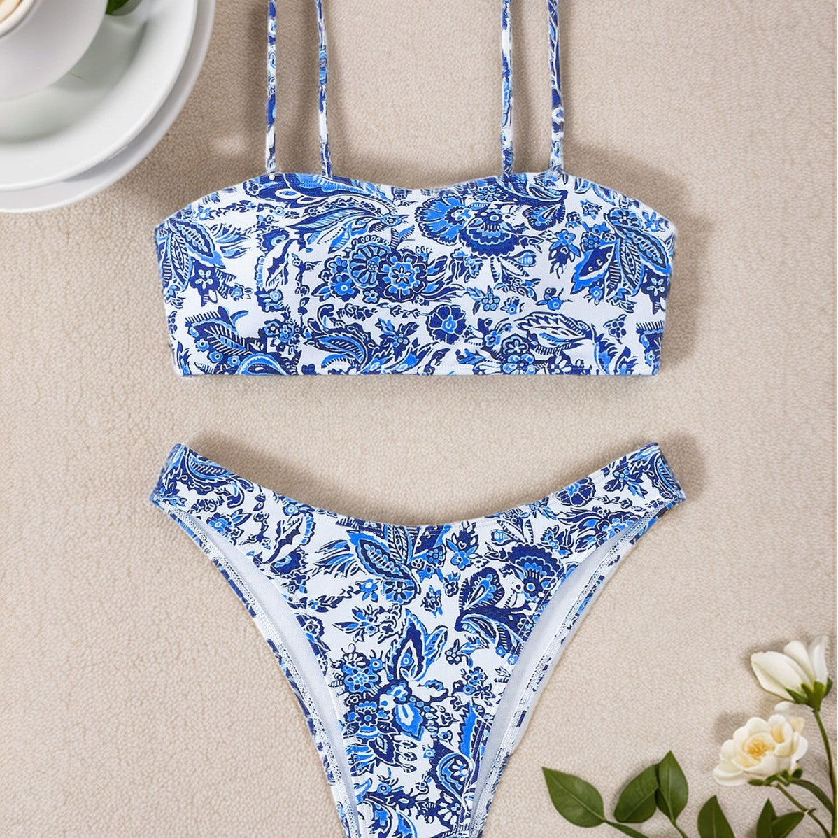 Gorgeous blue and white patterned two-piece bikini