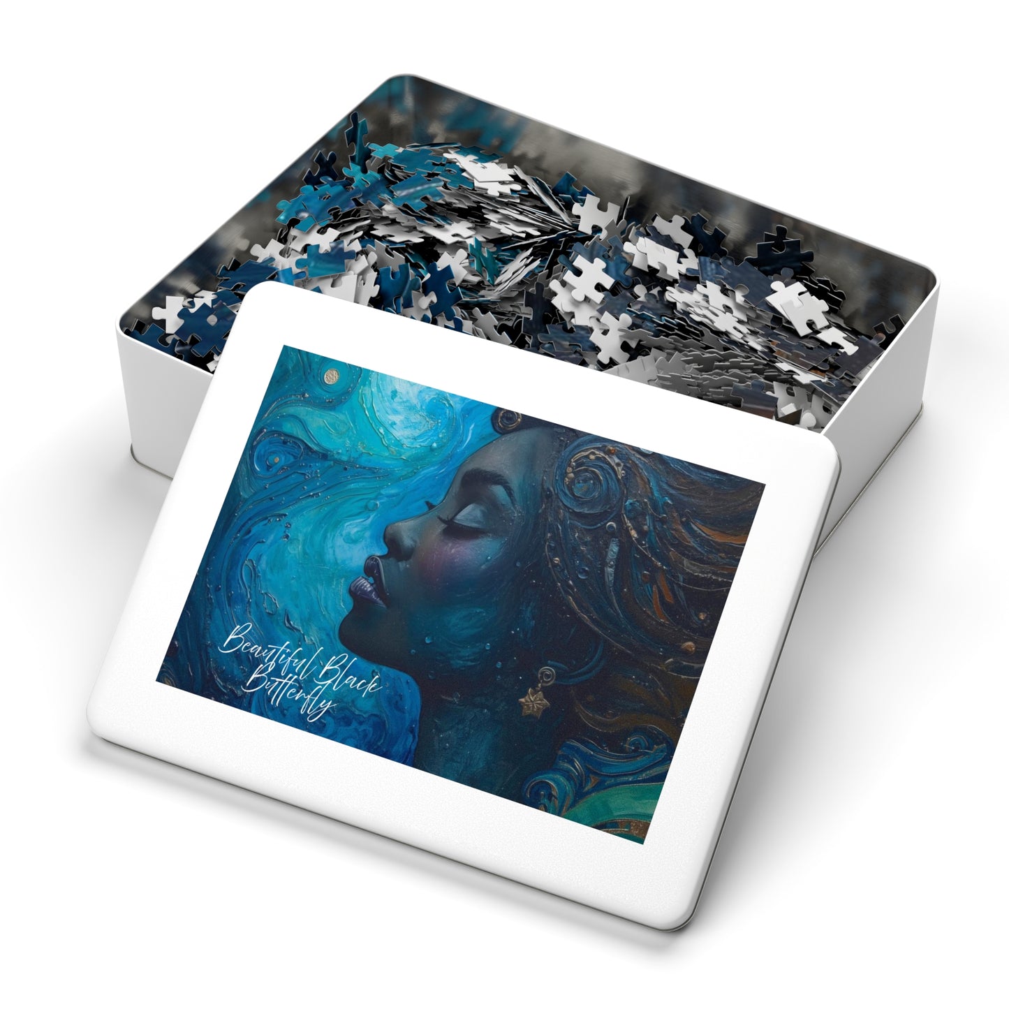 Jigsaw puzzle with a completed piece featuring a woman's face and a box of puzzle pieces.