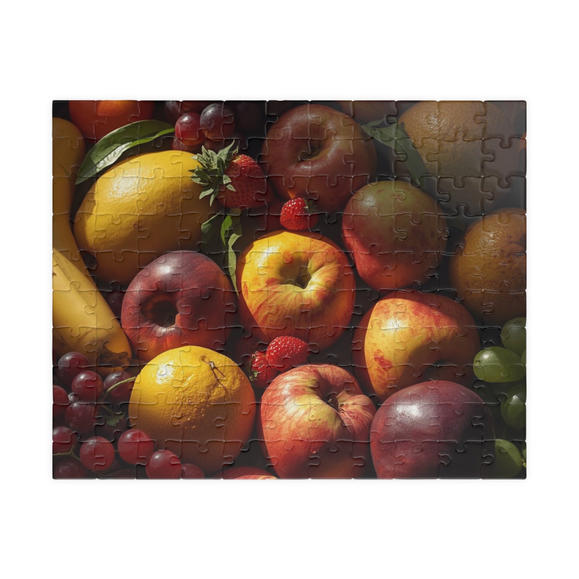Fruit-themed puzzle with apples and berries on a white background