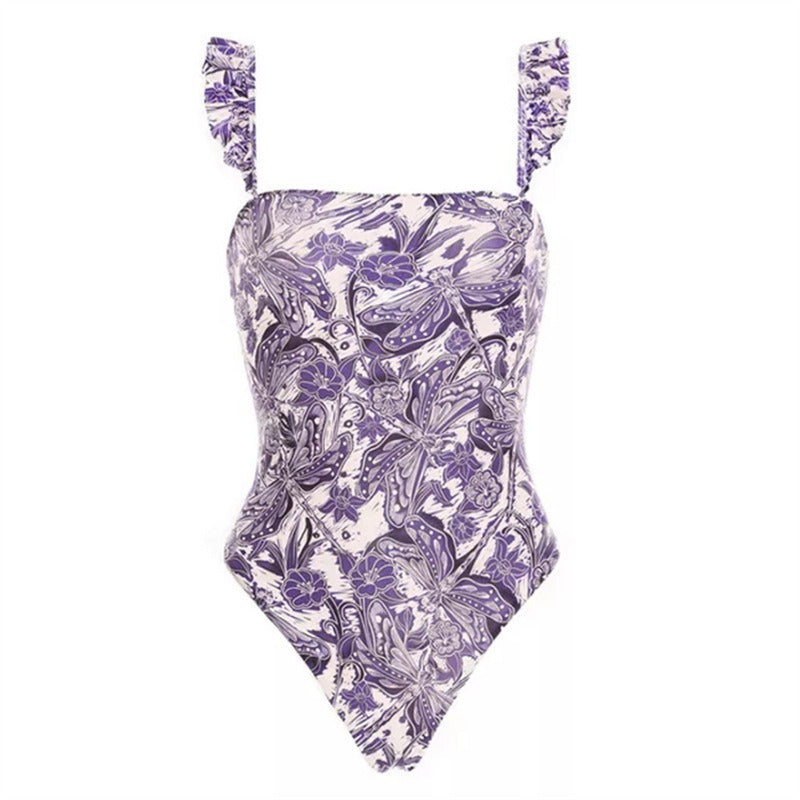 Purple floral swimsuit on a white background