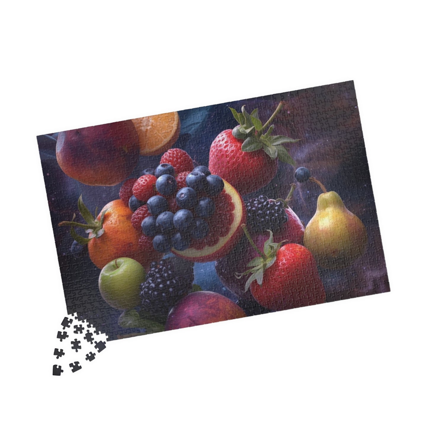 Fruit-themed puzzle with missing pieces on a white background