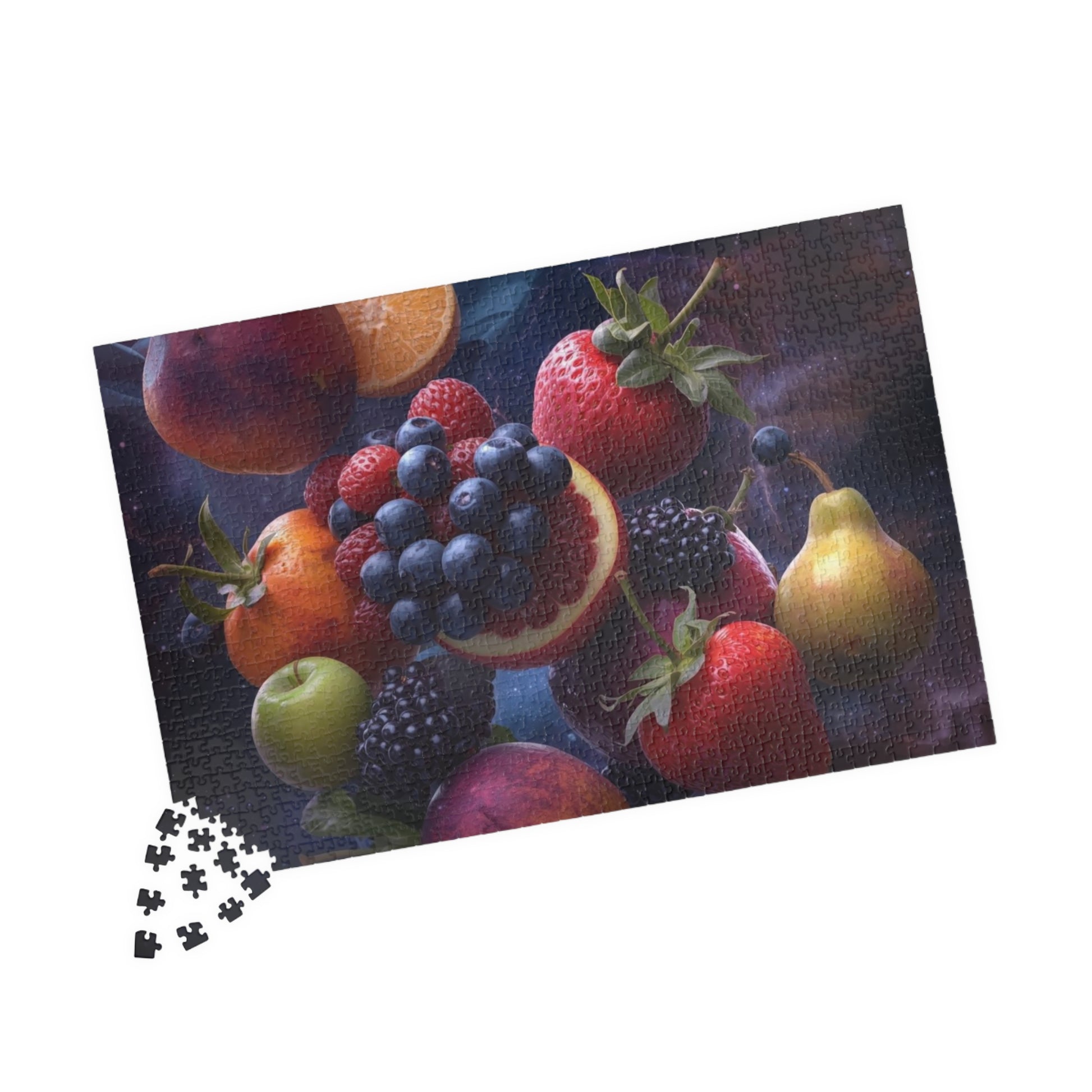 Fruit-themed puzzle with missing pieces on a white background
