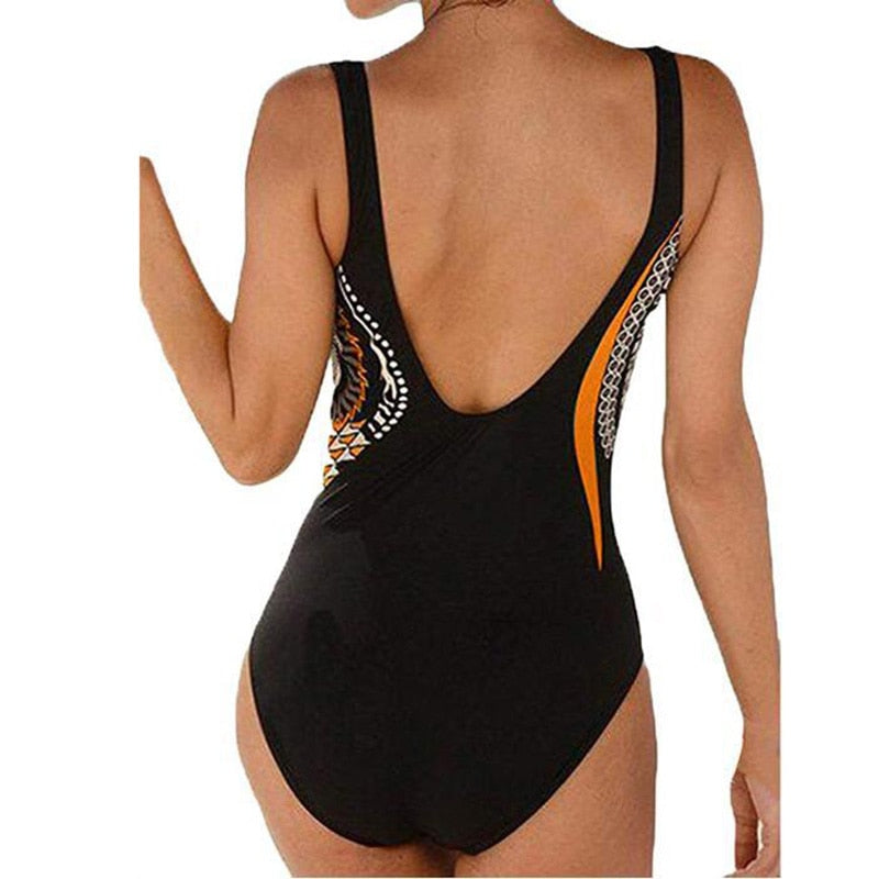 Vintage‑style push‑up printed swimsuit for women made of polyester and spandex, displayed on a plain background.