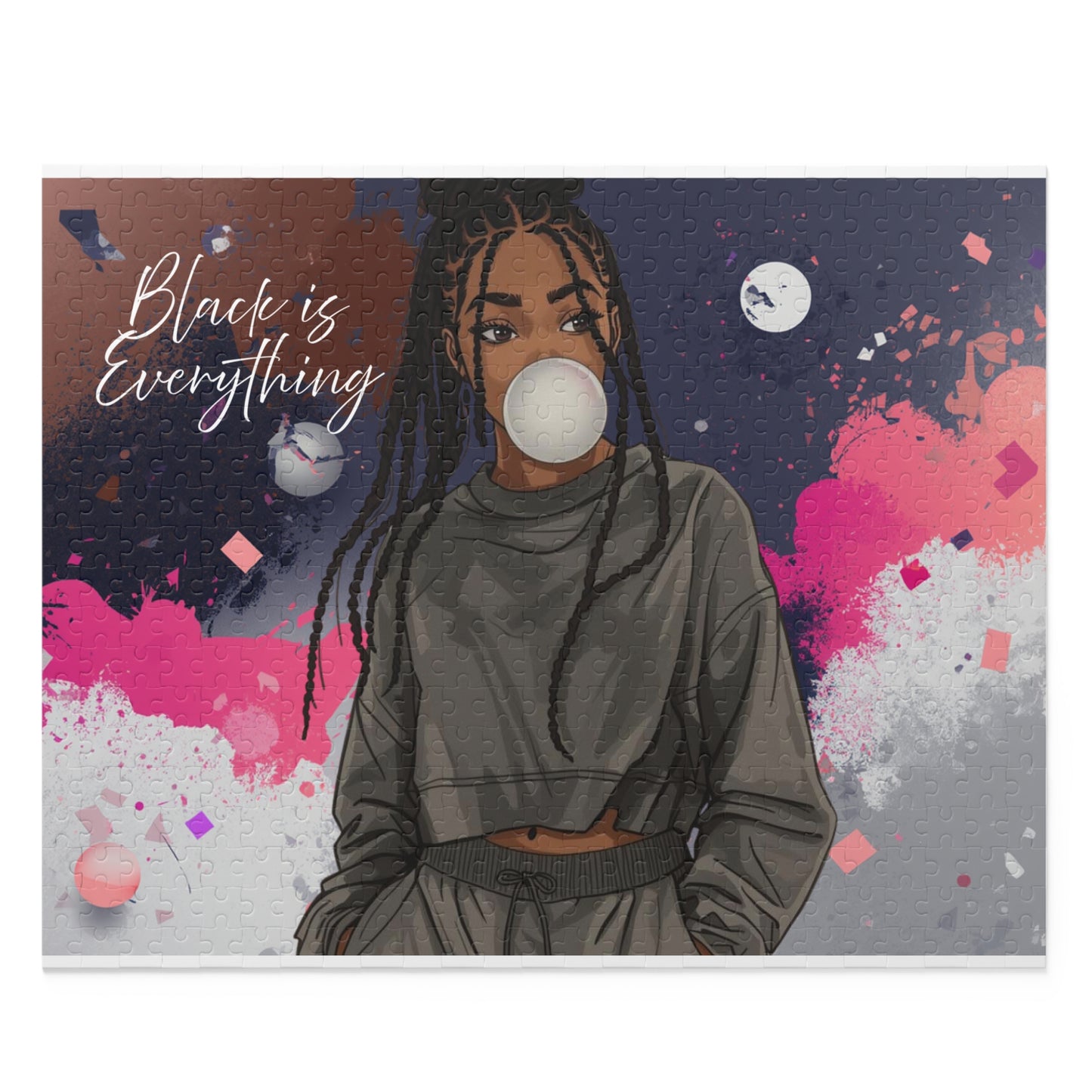 Illustration of a person blowing a bubble with gum against a colorful abstract background with text 'Black is Everything'.