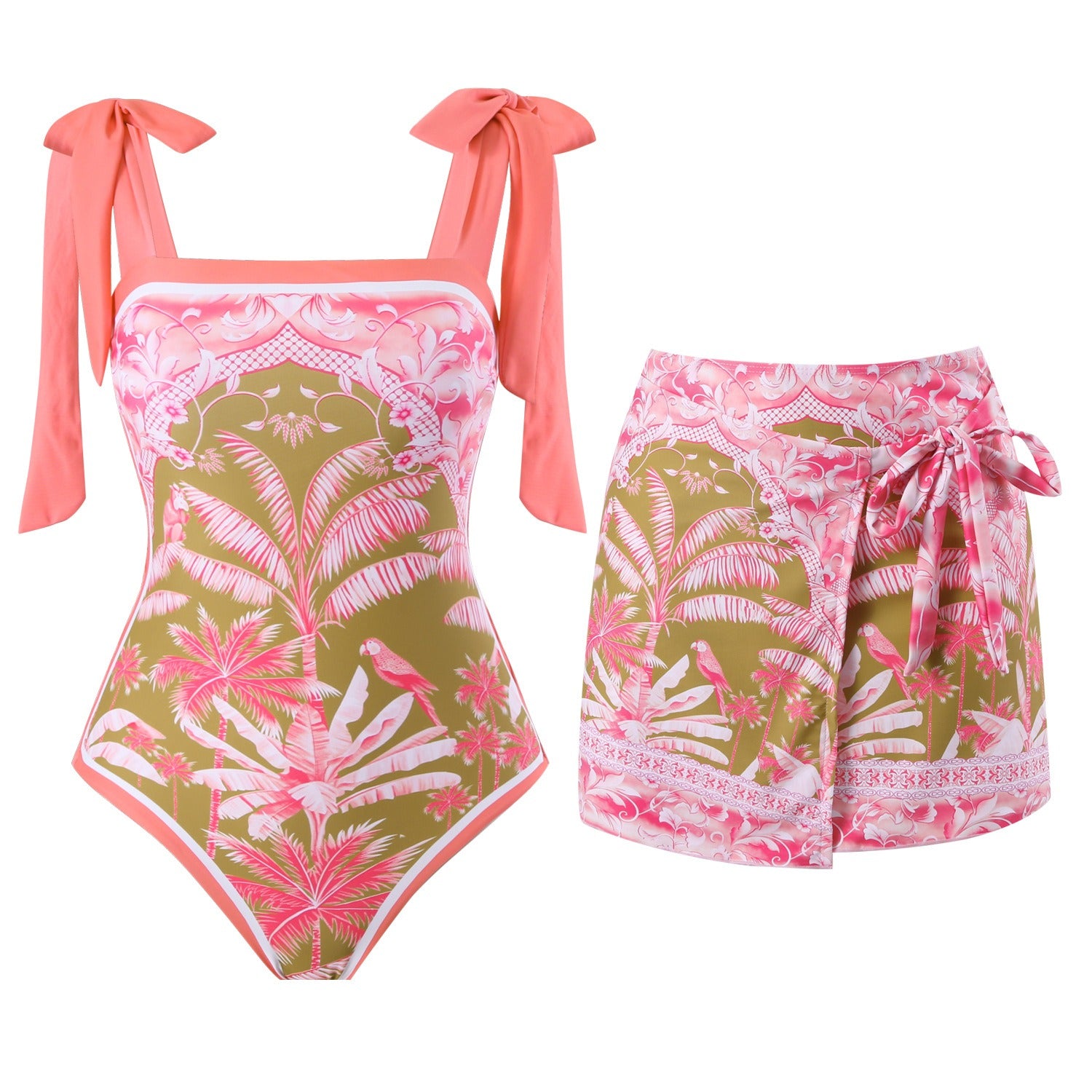 Coral bikini set with floral pattern on a white background