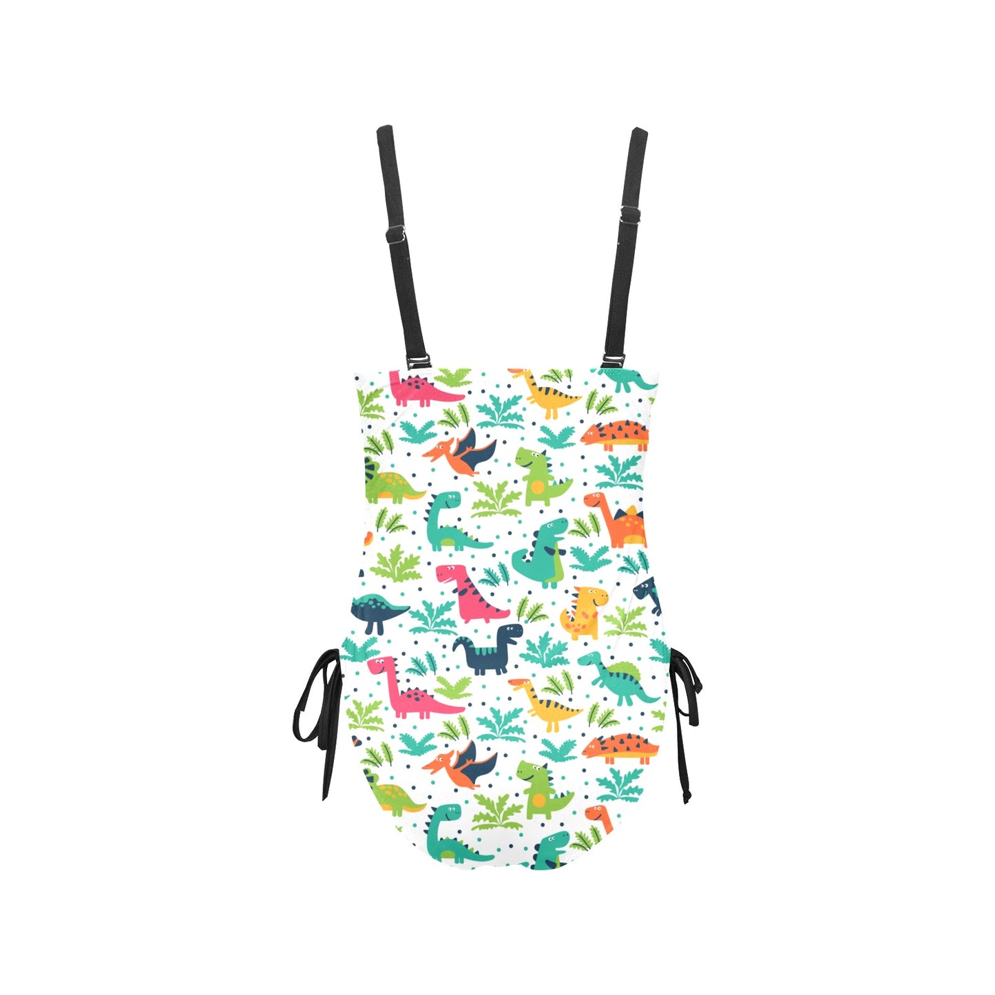 Women’s multicolor dino‑print drawstring one‑piece swimsuit.
