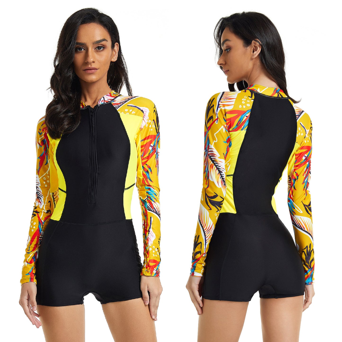 One-piece long sleeve surfing wetsuit with chest pad, displayed flat to show full length and sleeve coverage.