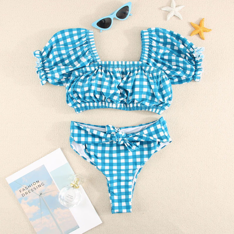 2 Piece Plaid Bikini Short Sleeve and High Waist