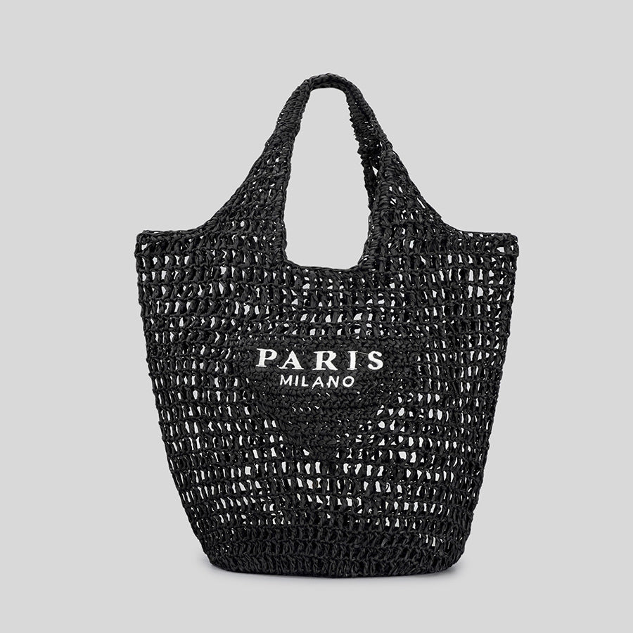 Woven tote bag with 'Paris Milano' text on a light gray background