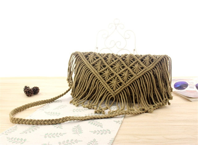Woven handbag against a white background