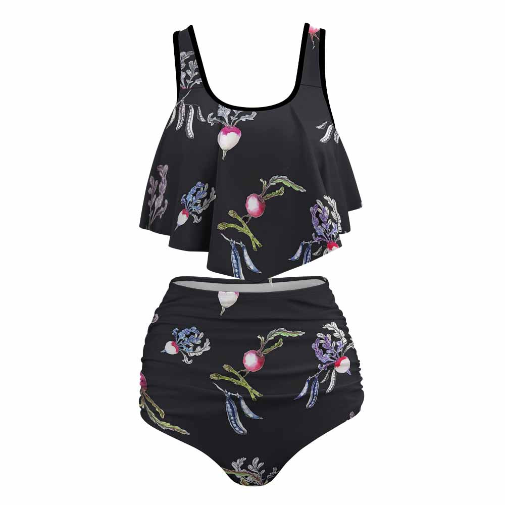 Two‑piece floral and black ladies bikini swimsuit with adjustable straps displayed on a white background.