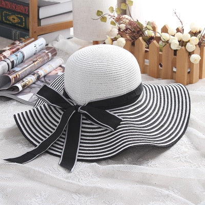 Women's Hepburn Striped Bowknot Summer Sun Hat