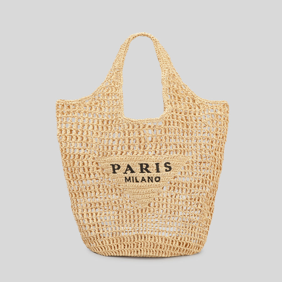 Woven tote bag with 'Paris Milano' text on a light gray background