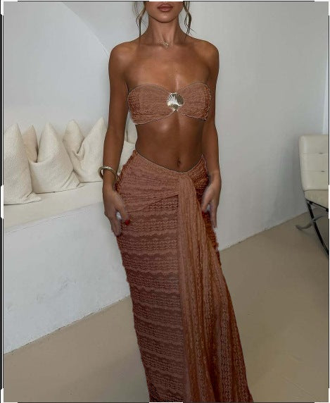 Lace jacquard two‑piece beach set with cropped top and matching skirt