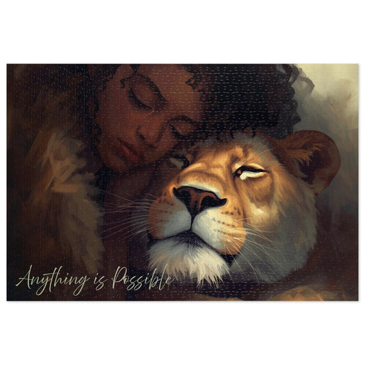 "Anything is Possible" Inspirational Art Puzzle – Lioness and Woman Illustration Jigsaw Puzzle