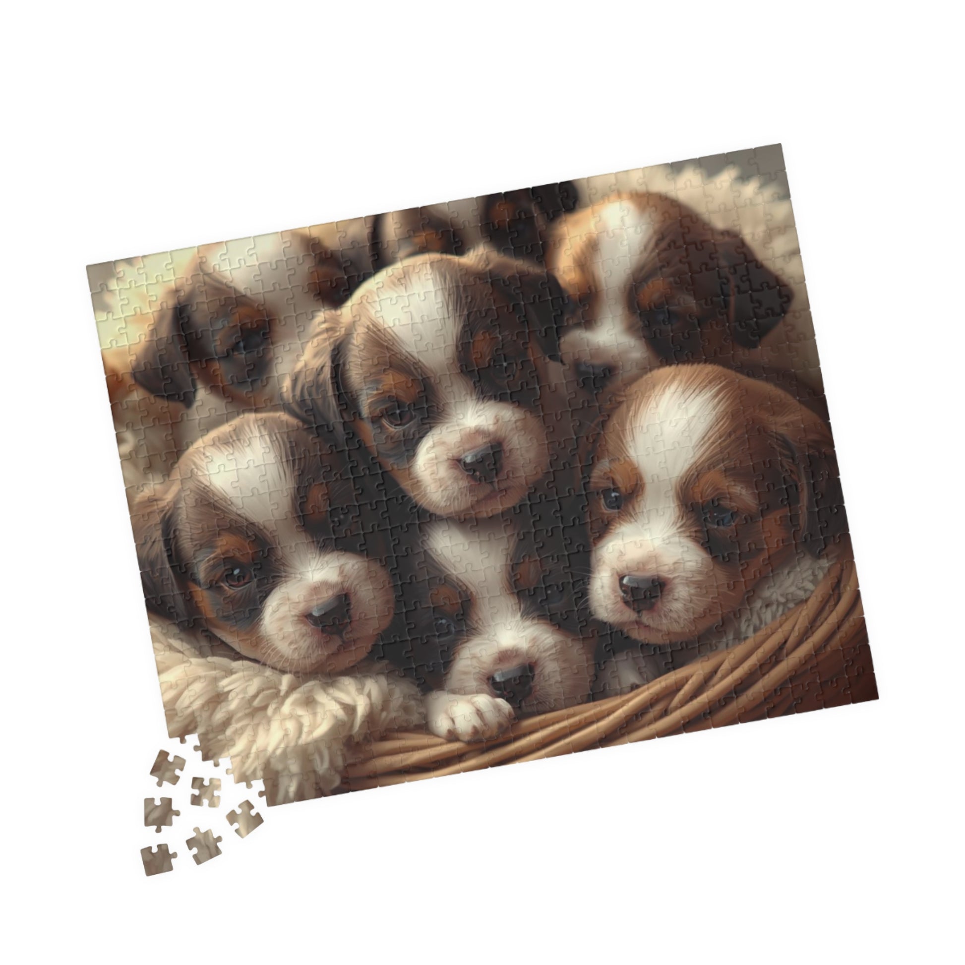 Jigsaw puzzle with a design of puppies in a basket on a white background
