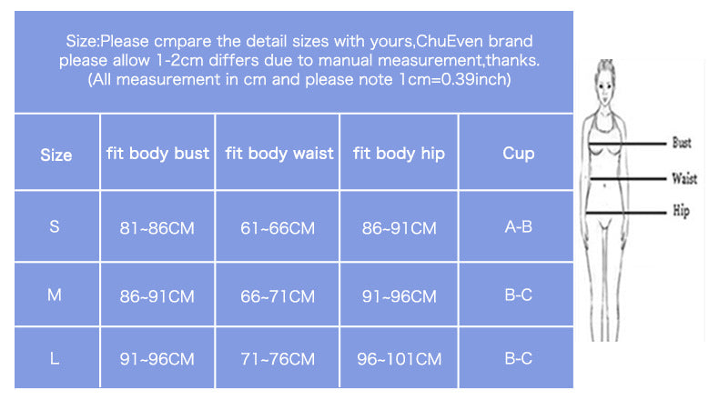 Size chart for clothing with measurements in centimeters and a diagram of a person.