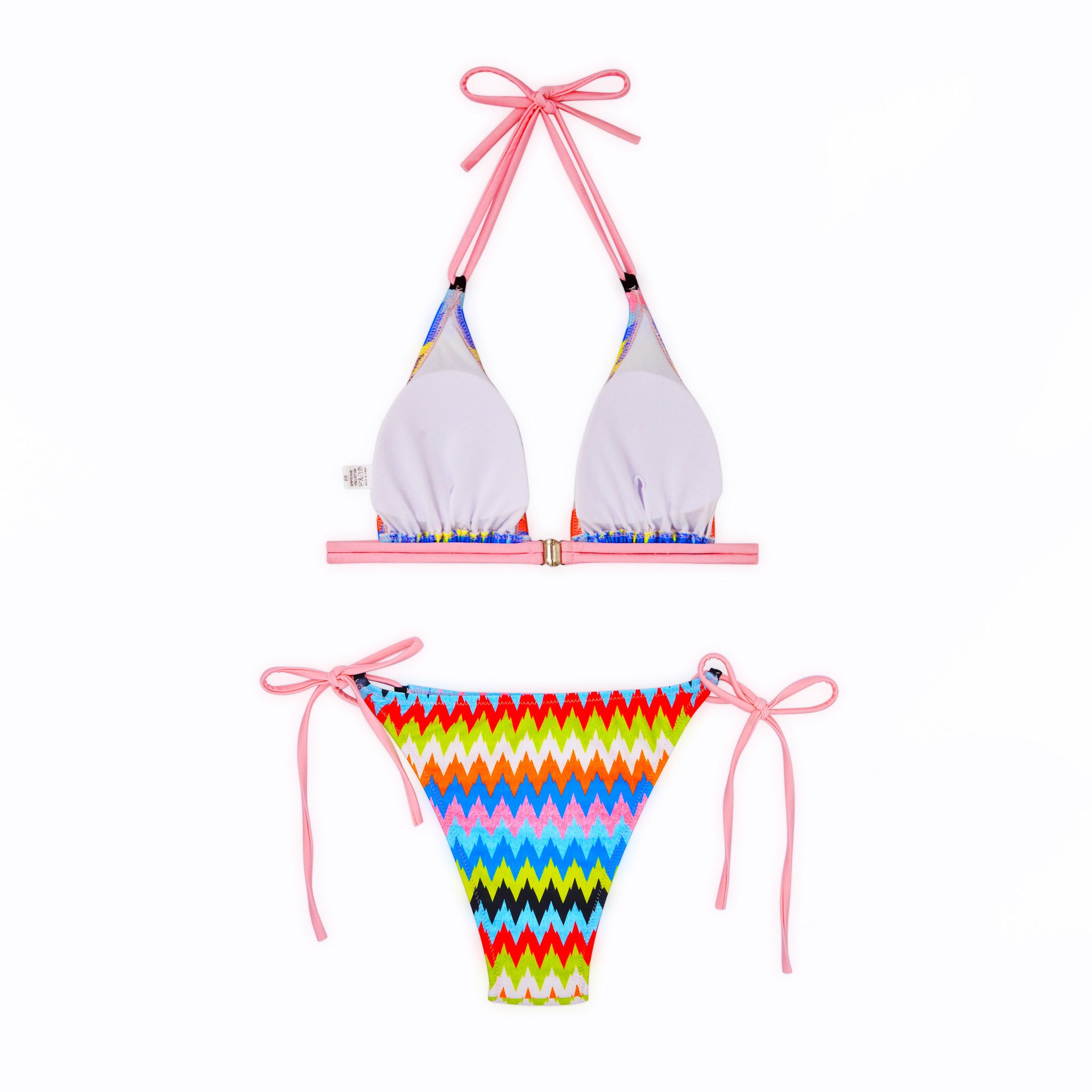 Colorful bikini set with a neck-tie top and multicolored bottom on a white background