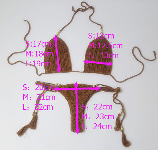Brown crochet bikini set with size measurements on a white background
