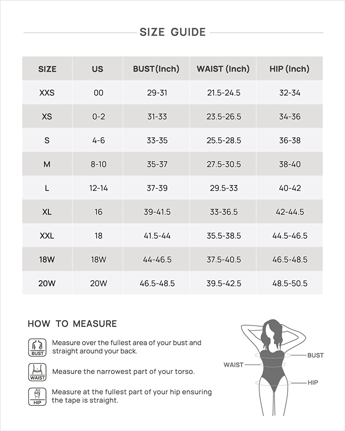 Size guide chart for women's clothing with measurements in inches.