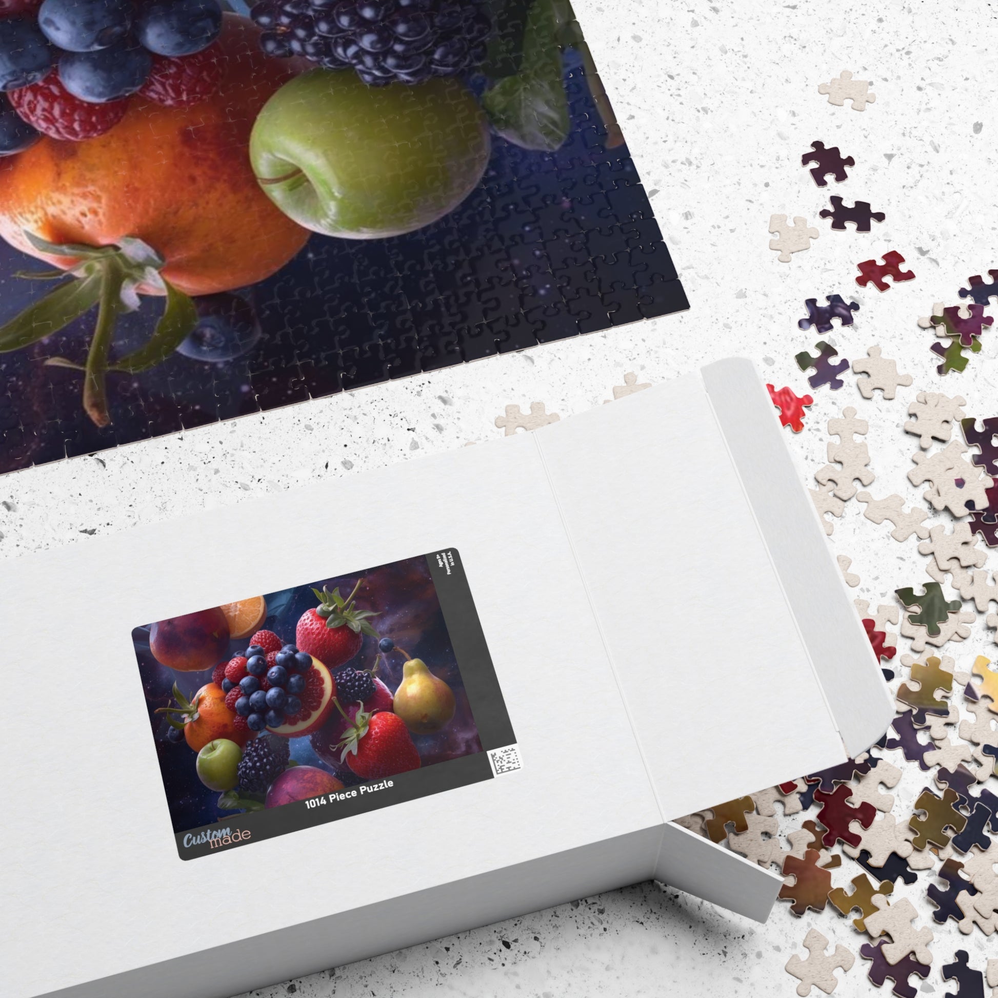 Jigsaw puzzle with completed pieces and a box labeled 'Culinary Art' on a white surface.