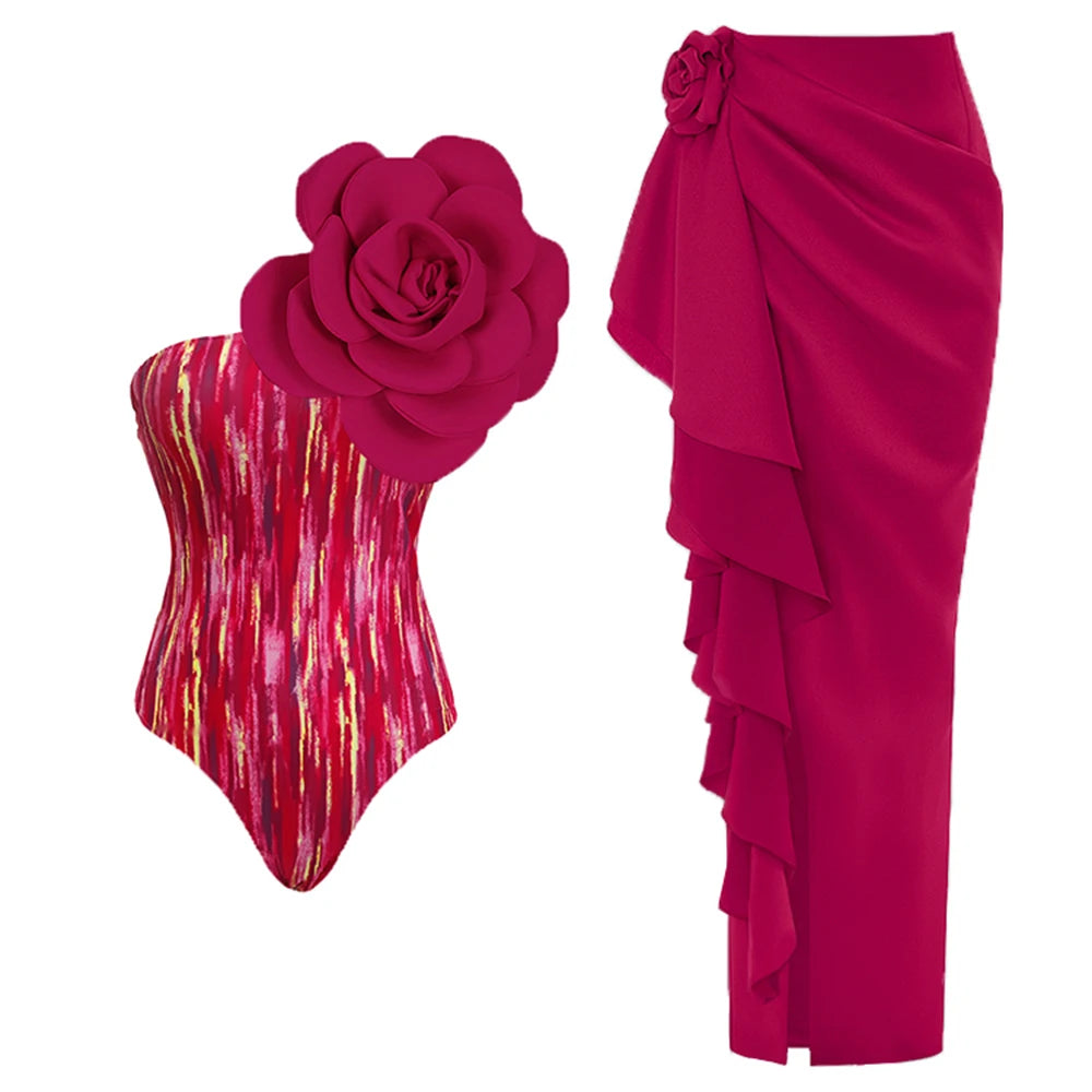 3 D print multicolored rose one-piece bikini with long matching sarong against a white background.