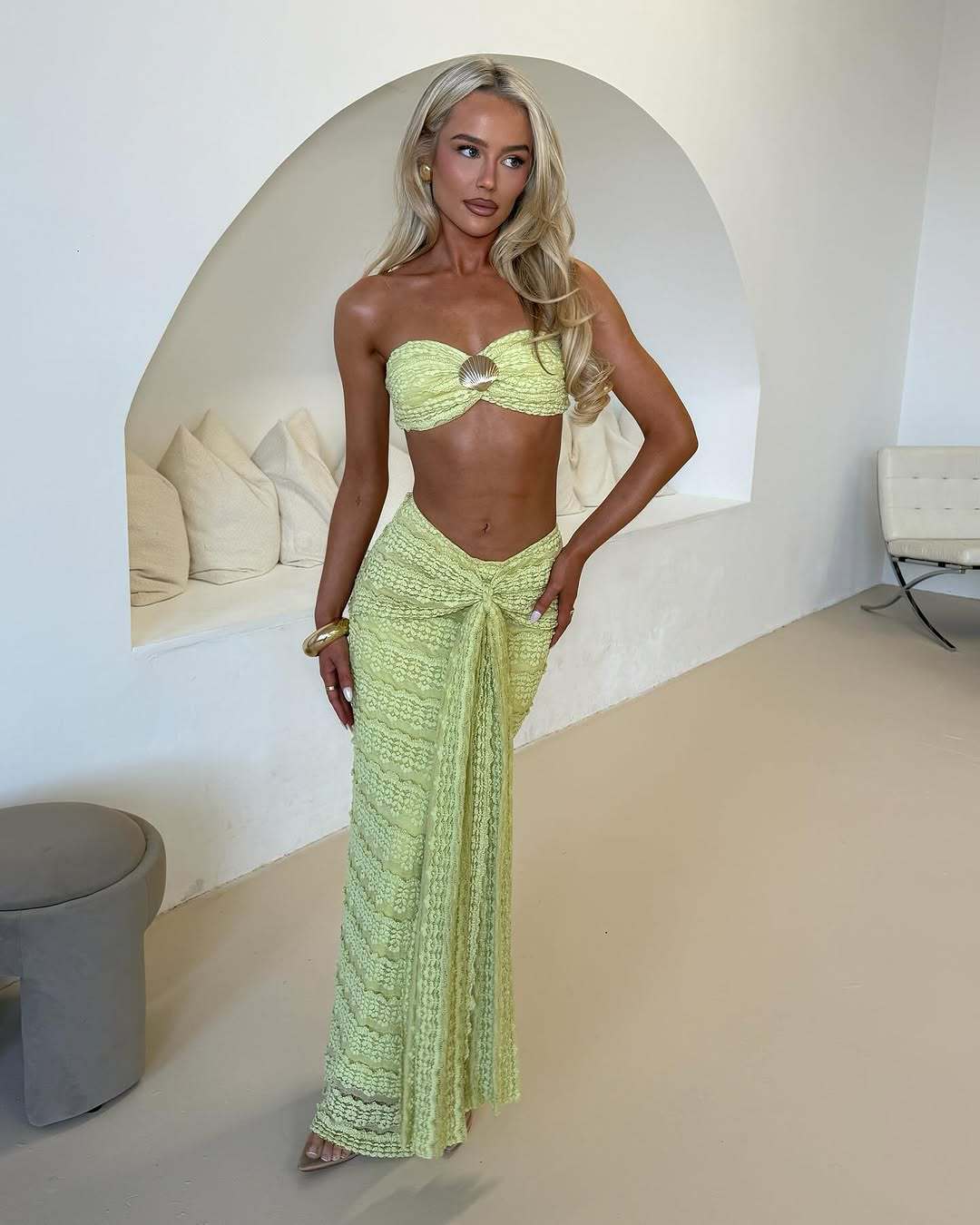 Lace jacquard two‑piece beach set with cropped top and matching skirt