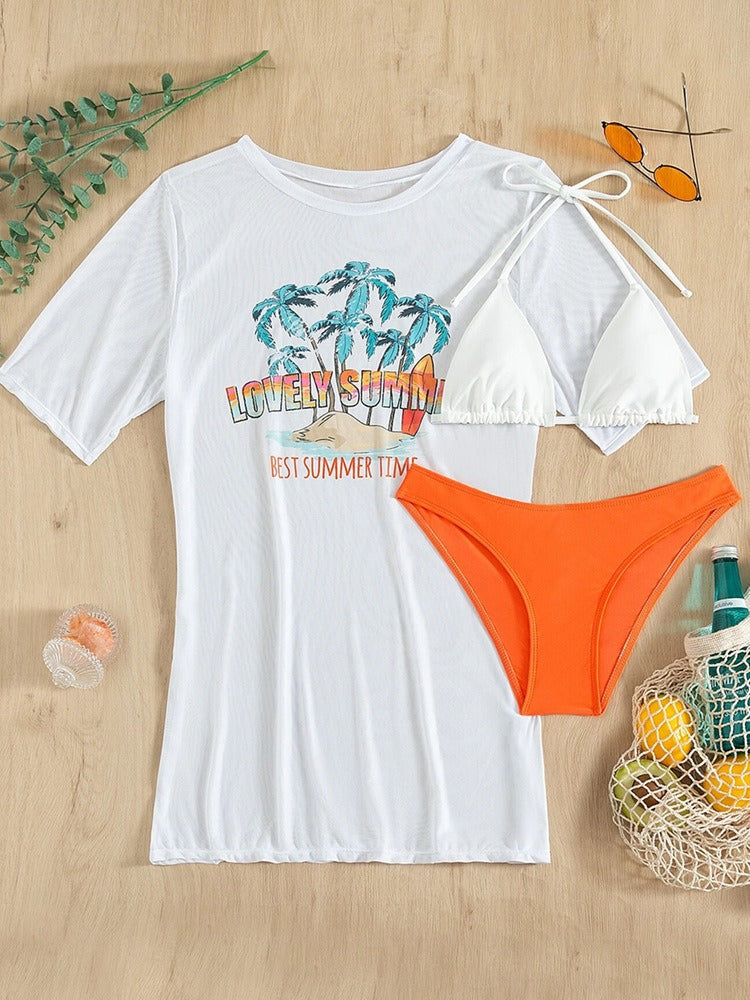 White bikini top with orange bikini bottom paired with a t-shirt coverup