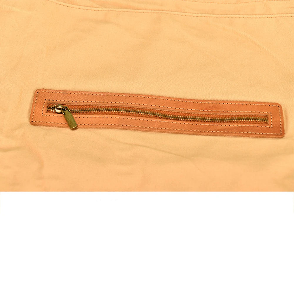 Close up zipper section of the brown handbag
