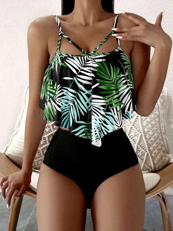 Jungle bikini top paired with a high-waist covered bottom.