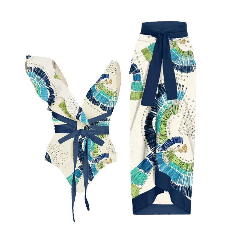Blue Crushed Flowers two‑piece swimsuit set featuring lightweight quick‑drying material.