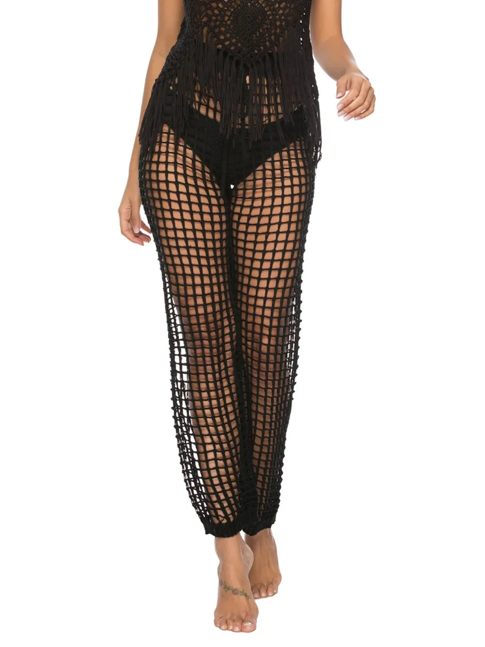 High‑waist cutout swim cover‑up pants with tie‑up closure in a solid color, displayed on a plain background.