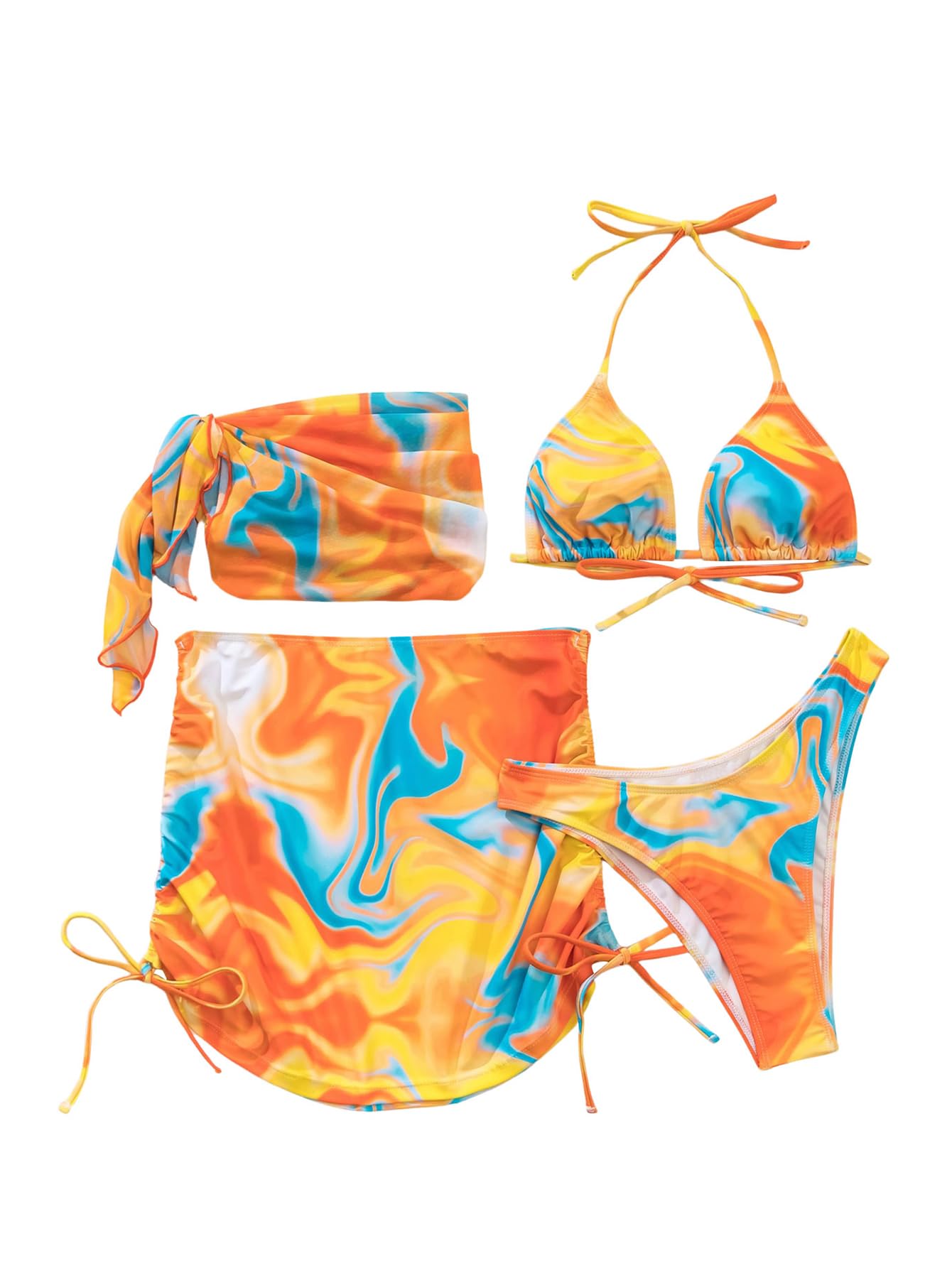 Colorful bikini set with orange, blue, and white pattern on a white background