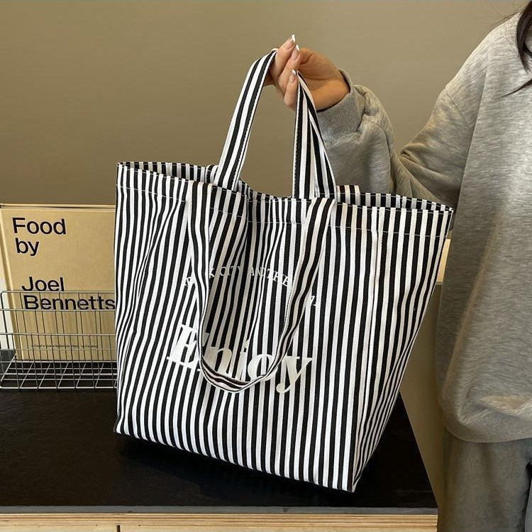 Women's Colorful Red Stripe Canvas Tote Bag Large Capacity Shoulder Tote Handbag